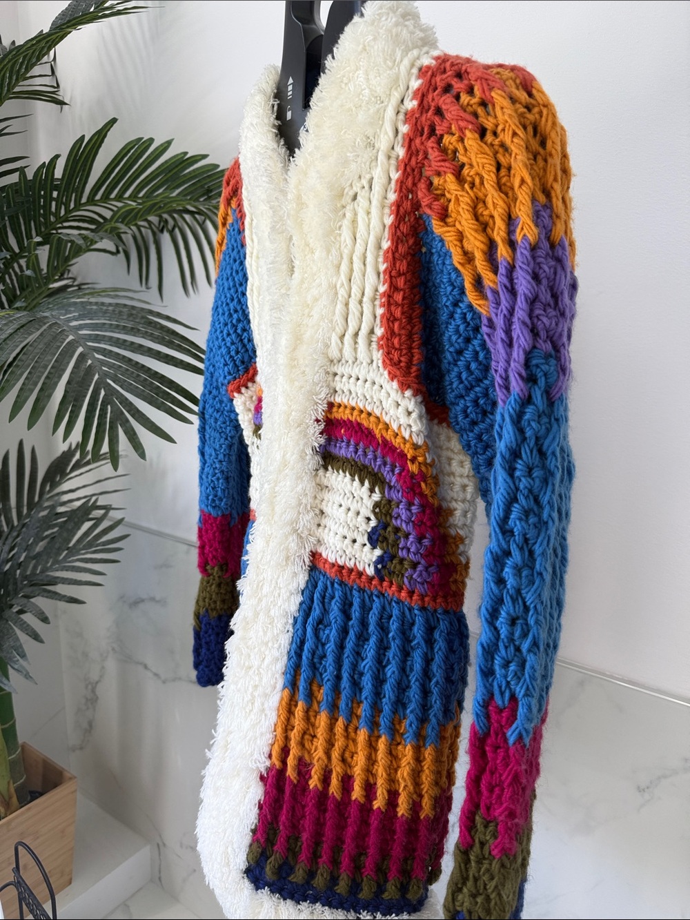 70s -80s Rainbow Boho Riddles by Elliot Acrylic Crochet Open Sweater Jacket Sz M - Picture 2 of 5